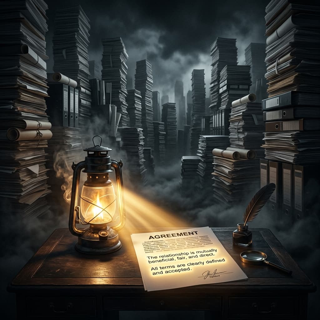 A lantern illuminating legal documents in a dark forest of contracts - Contract Snitch Manifesto
